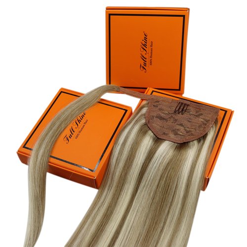 Full Shine Ponytail Hair Extensions Human Hair for Women Long Straight Ponytail Extensions Remy Human Hair Highlighted Ash Brown and Platinum Blonde 80Grams Hair Clip Ponytail Extensions 22Inch