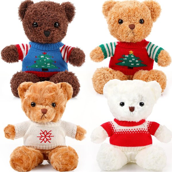 Glimin 4 Pcs Christmas Bear Stuffed Animals with Doll Clothes 12 Inch Cute Plush Bear with Removable Sweater Hoodie Xmas Doll Accessories for Plush Bear Dolls DIY Change Clothes(Fashion Style)