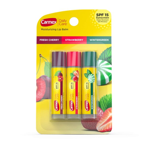 Carmex Daily Care Moisturizing Lip Balm Pack, Lip Balm With Sunscreen in Fresh Cherry, Strawberry and Wintergreen - 0.15 Ounce (Pack of 3)