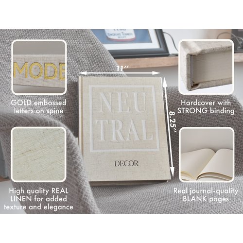 Kigan Home Linen Decorative Book - Real Hardcover Neutral Midcentury Modern - Wooden Bead Garland for Coffee Table Decor, Modern or Boho Home Decor, Shelves, Fireplace Mantel