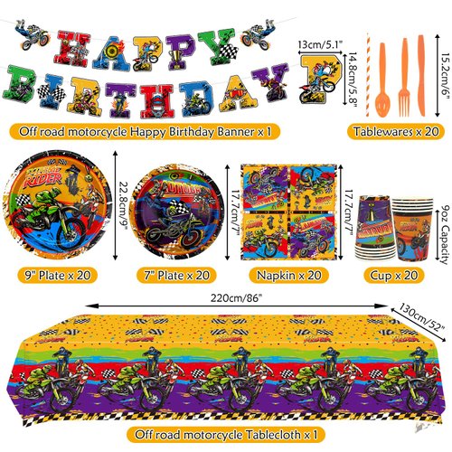 Dirt Bike Birthday Party Supplies, Includes Happy Birthday Banner, Plate, Napkin, Cups, Tablecloth, for Kids Boys Girls Motorcycle Extreme Sports Birthday Decorations Serve 20