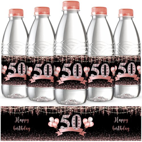 48 Pieces 50th Birthday Party Water Bottle Labels Cheers to 50th Decoration Labels Sticker Black and Rose Gold Bottle Wrappers Congrats 50th Birthday Party Supplies for Party Celebration Decor