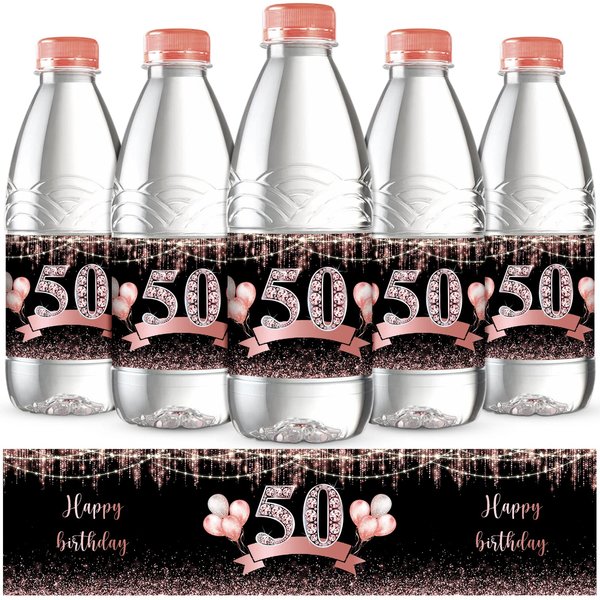 48 Pieces 50th Birthday Party Water Bottle Labels Cheers to 50th Decoration Labels Sticker Black and Rose Gold Bottle Wrappers Congrats 50th Birthday Party Supplies for Party Celebration Decor