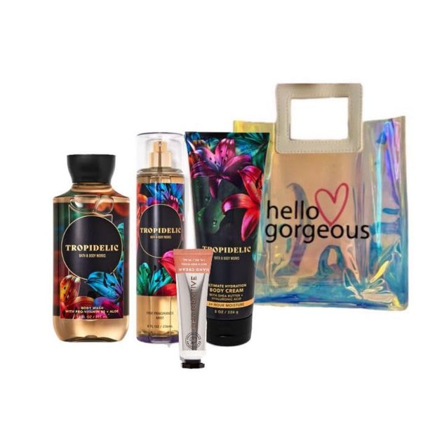 White Barn - Bath & Body Works -Deluxe Gift Set 4 Piece Bundle - Full Size and Gift Bag Hello Gorgeous (Tropidelic)