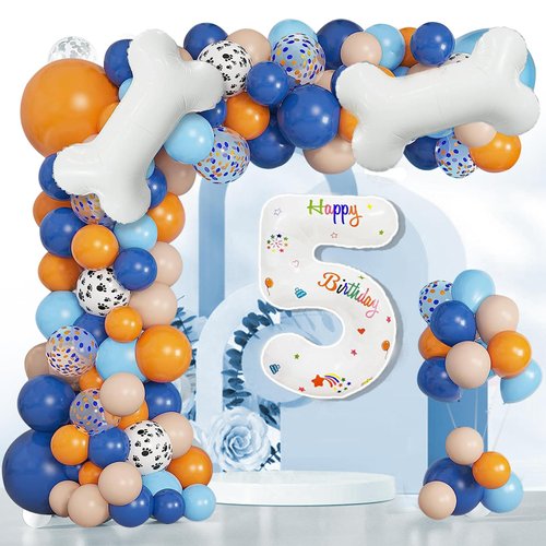 118Pcs Blue Birthday Decorations, 5th Blue Birthday Party Supplies Balloons Garland,Dog Paw Balloons Garland Kit for Boys Girls Baby Shower Blue Theme Birthday Party Decorations