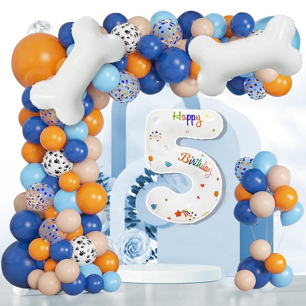 118Pcs Blue Birthday Decorations, 5th Blue Birthday Party Supplies Balloons Garland,Dog Paw Balloons Garland Kit for Boys Girls Baby Shower Blue Theme Birthday Party Decorations