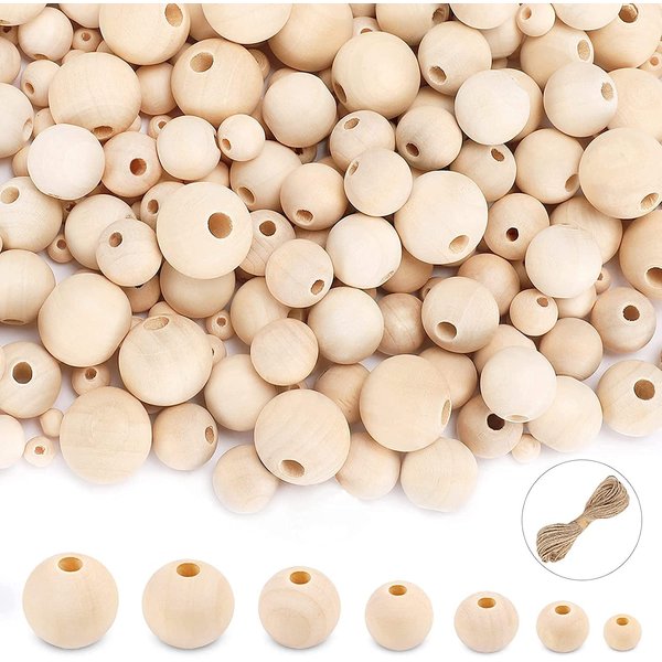 UOONY 800pcs Wooden Beads for Crafts 7 Sizes Unfinished Natural Wood Beads Wooden Beads Bulk 6mm, 8mm, 10mm, 12mm, 14mm, 16mm, 20mm Beads for Garland Macrame Jewelry Making DIY Farmhouse Decor