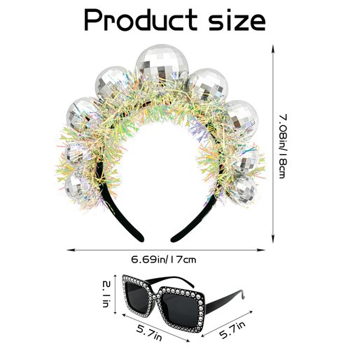 Dkomekii Silver Disco Ball Headband Women Square Glitter Disco Sunglasses for Disco Party Halloween Christmas New Year Eve Birthday NYE Crown Hair Accessory