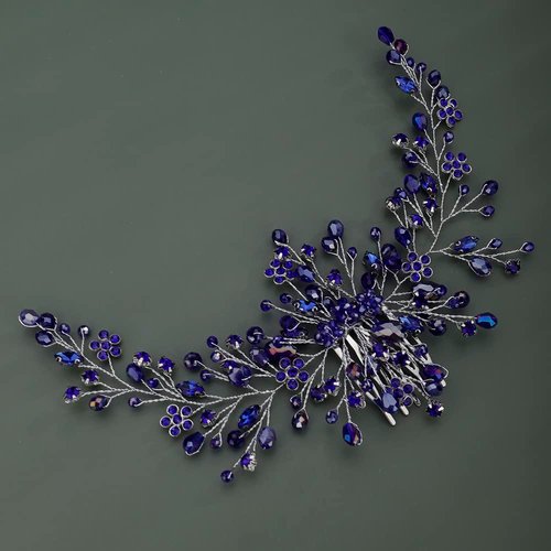 Teyglen Dainty Silver Blue Rhinestones Flower Crystal Bride Wedding Hair Comb Blue Hair Accessories with Rhinestones Crystals Bridal Side Hair Combs for Women Bride Girls (Blue)