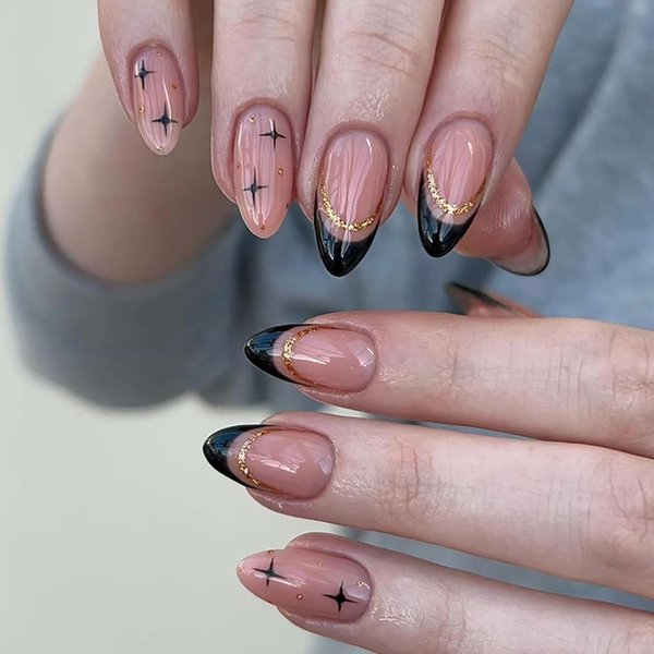 24Pcs Black French Tip Press on Nails Almond Pointed Fake Nails Gold Glitter Line Design Acrylic Glue on Nails Star Short Fake Nails Glossy Full Cover False Nails for Women Girls Manicure Supplies