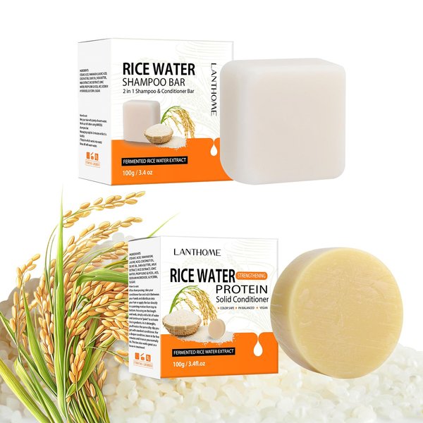 Rice Water Shampoo Bar for Hair Growth,Vegan Fermented Rice Water Shampoo Bar & Strengthening Protein Solid Conditioner Set,PH Balanced for Damaged, Broken,Thinning Hair,Sulfate Free 2 Pack Set 6.8oz