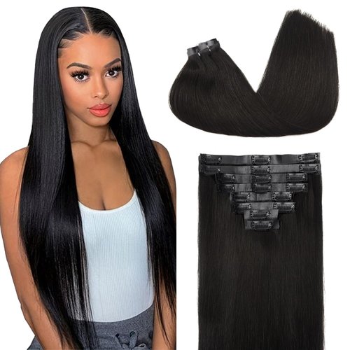 Seamless Clip in Hair Extensions PU Skin Weft Invisible Hair Extensions Seamless Clip Ins for Black Women Real Remy Human Hair Straight Natural Black 8Pcs 120g(26inch,1B)