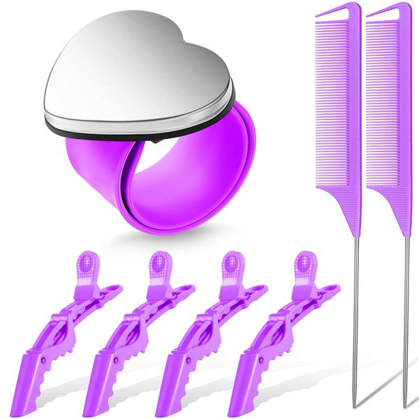 7 Pieces Hair Braiding Tools 1 Piece Magnetic Pin Wristband and 2 Pieces Stainless Steel Pintail Rat Tail Comb with 4 Pieces Wide Teeth Alligator Sectioning Hair Clip for Hair Braid Maker (Purple)