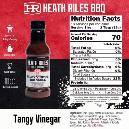 Heath Riles BBQ Tangy Vinegar Barbecue Sauce, Champion Pitmaster Recipe, Bottle 16 oz.