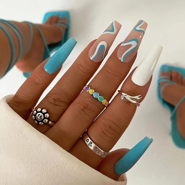 RTKHFZE Summer Acrylic Press on Nails Long Blue Fake Nails French Extra Long Acrylic Nails with Blue Swirl Designs Glossy Artificial Nails for Women and Girls 24PCS