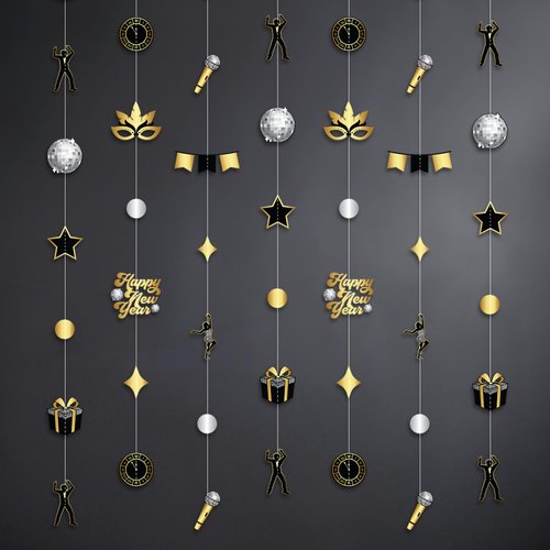 KatchOn, Happy New Year Garland - Pack of 9, Happy New Year Hanging Decorations | Black Gold Party Decorations, New Years Decorations 2025 | Happy New Year Backdrop, New Years Eve Party Supplies