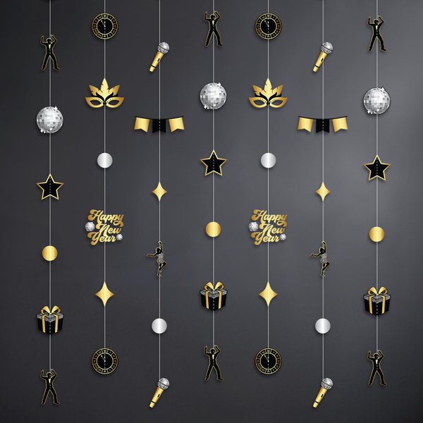 KatchOn, Happy New Year Garland - Pack of 9, Happy New Year Hanging Decorations | Black Gold Party Decorations, New Years Decorations 2025 | Happy New Year Backdrop, New Years Eve Party Supplies