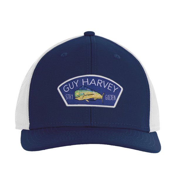 Guy Harvey Men's Stay Golden Mesh Back Trucker Hat, Estate Blue/Mahi, One Size