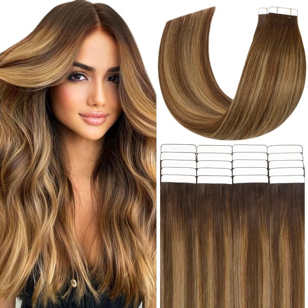 Anrosa 20pcs 50g Tape in Hair Extensions Ombre Chocolate Brown to Caramel Blonde Remy Human Hair Extensions Balayage Seamless Straight Real Hair Extensions Tape in Natural Hair 14 Inch