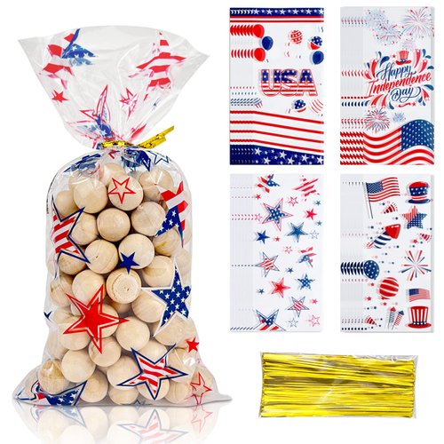 Bnsikun 80Pcs Independence Day Cellophane Bags Patriotic Goodie Bags 4th of July Treat Bags Plastic Candy Bags for Independence Day Sports Event Party Supplies