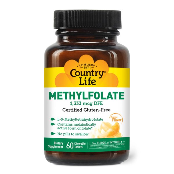 Country Life Chewable Methylfolate, 1,333mcg DFE, Delicious Orange Flavor, 60 Chewable Tablets, Certified Gluten Free, Certified Vegan