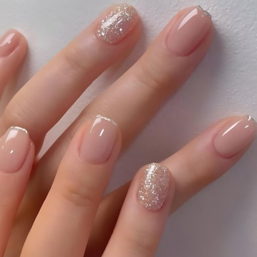 24Pcs Short Press on Nails Square Fake Nails Brown False Nails With Glitter Designs Full Cover Stick on Nails Acrylic Reusable Artificial Nails for Women Glue on Nails