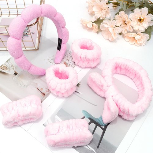 AOPRIE SPA Headbands for Washing Face Makeup Headbands with Bow Hair Band Women Facial Head Band Wrist Towel Wraps For Shower Face Mask Pink, 6 Pack