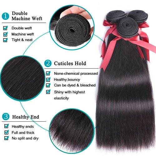 ALLRUN Straight Bundles Human Hair 14 16 18Inch 10A 100% Unprocessed Brazilian Virgin Raw Hair 3 Bundles Straight Human Hair Bundles Human Hair Extensions Remy Hair Double Weft