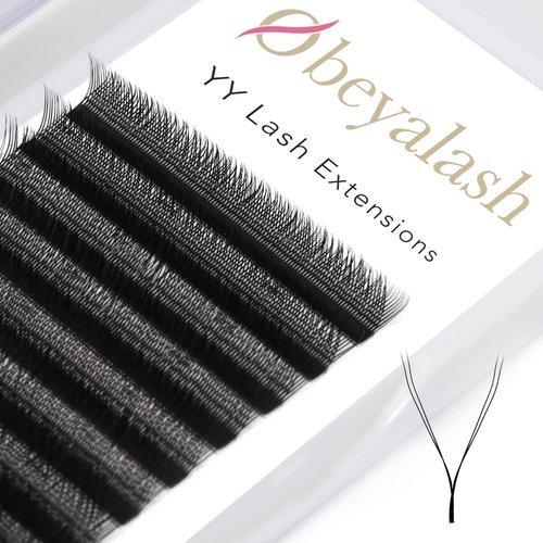 OBEYA Y Lashes Extensions 2D Premade Fans Eyelash Extensions Weave YY Shaped Tips Volume Lash Extensions, Quick Easy Application, Full Fluffy Volume Look, Long Lasting D Curl 0.07mm 8-14mm Mix Tray