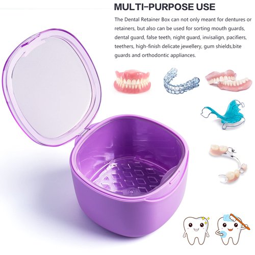 Uouovo 2022 Upgraded Denture Bath Box Cup, No-Leak Denture case, Retainer Cleaning Box, Complete Clean Care for Dentures, Clear Braces, Mouth Guard, Night Guard & Retainers (purple)