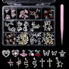 72Pcs 3D Nail Rhinestones Charms Diamonds Metal Alloy Nail Jewelry Cherry Heart Star Butterfly Snake Planet Nail Gems Charms Gold Silver Pink Nail Gems Crystals for Nail Art Design DIY with Tweezer