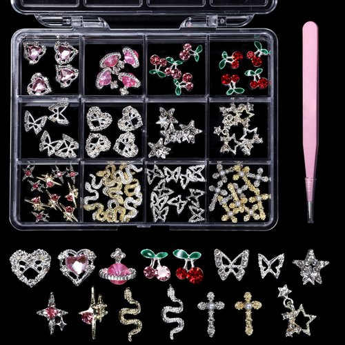 72Pcs 3D Nail Rhinestones Charms Diamonds Metal Alloy Nail Jewelry Cherry Heart Star Butterfly Snake Planet Nail Gems Charms Gold Silver Pink Nail Gems Crystals for Nail Art Design DIY with Tweezer