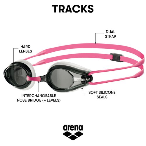 Arena Tracks Unisex Adult Essential Racing Swim Goggles for Competitive Swimmers FINA-Approved Anti-Fog Coated Non-Mirror Lens, White/Smoke/Fuchsia
