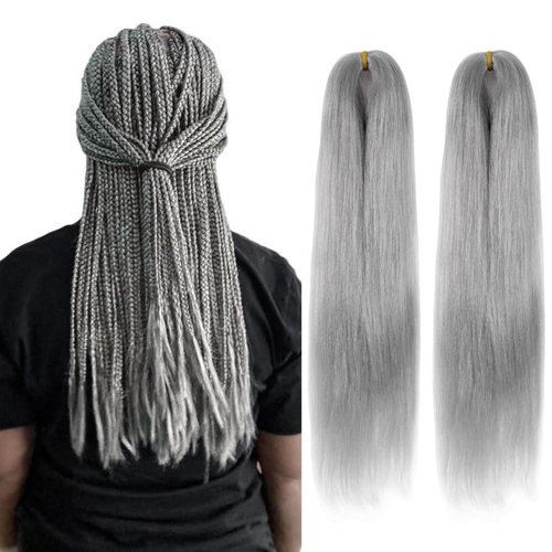WUDAS Gray Braiding Hair 20 Inch Long Pre Stretched Hair Straight Yaki Texture Synthetic Hair Extensions Softness, 2 Packs
