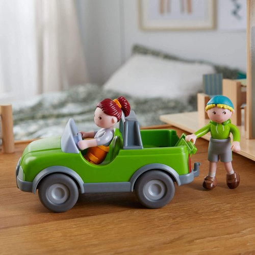 HABA Little Friends Out and About Playset with 2 Toy Figures and Green Momentum Motor Vehicle