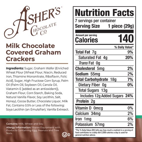 Asher's Chocolates Company, Chocolate Covered Graham Crackers, Made From the Finest Kosher Chocolate, Small Batches, Family Owned Since 1892 (7.15 oz, Milk Chocolate)