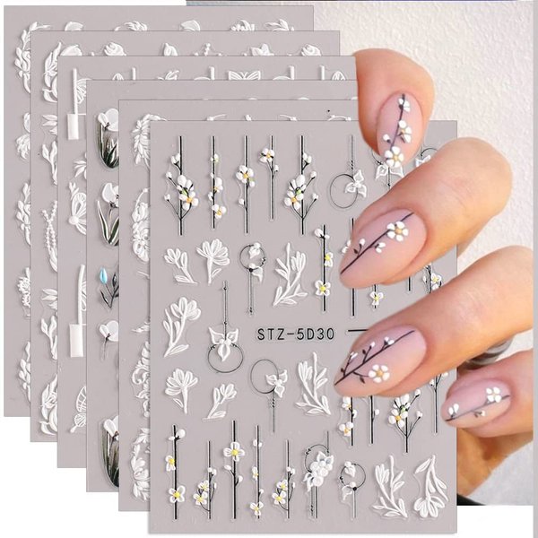 Flower Nail Art Stickers 6 Sheets Engraved Flower Nail Stickers 3D Self-Adhesive Nails Art Supplies Flower Butterfly Design French Manicure Decals Tips for Women DIY Nail Art Decorations