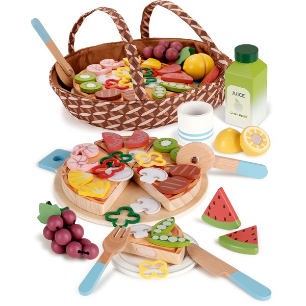 RRIBOUDWAN Wooden Pizza Toy, Pretend Play Toys for Kids, Wooden Play Food for Toddlers 1-3, Picnic Pretend Food, Cutting Food Toys, Gift for Girls Boys 3 4 5 6