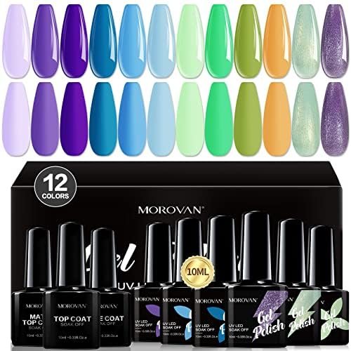 Morovan Purple Blue Gel Nail Polish Kit 12 Colors Green Gel Nail Polish Set Base Coat Matte Glossy Top Coat Summer Fall Gel Nail Polish Rainbow Glitter Gel Polish Nail Art Manicure DIY Salon Home