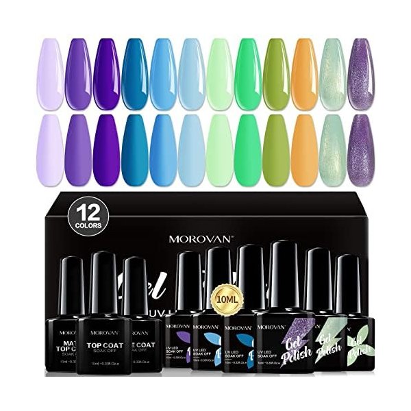 Morovan Purple Blue Gel Nail Polish Kit 12 Colors Green Gel Nail Polish Set Base Coat Matte Glossy Top Coat Summer Fall Gel Nail Polish Rainbow Glitter Gel Polish Nail Art Manicure DIY Salon Home