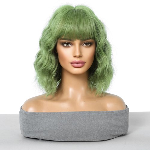 incohair 12 Inches matcha green Wig with Bangs Women Girls Short Curly Wavy Bob Wig Shoulder Synthetic Party Wigs Wig Cap Included (matcha green)