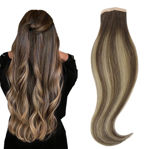 HOTBANANA Tape in Hair Extensions, 20 Inch Tape in Hair Extensions Human Hair 20pcs 50g Chocolate Brown with Honey Blonde Tape Hair Extensions Straight Remy Human Hair Tape in Extensions