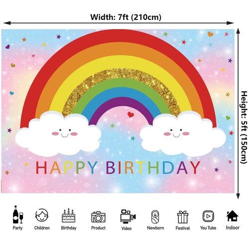 7x5ft Rainbow Birthday Backdrop for Boys Girls Kids Birthday Party Baby Shower Colorful Rainbow White Clouds Stars Decorations Cake Table Banner Indoor Outdoor Party Supplies