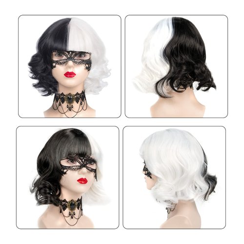 Cruella Deville Black and White Wig for Women Kid, Cruella Costume Wig for Halloween 1920s Party, Heat Resistant Synthetic Wig
