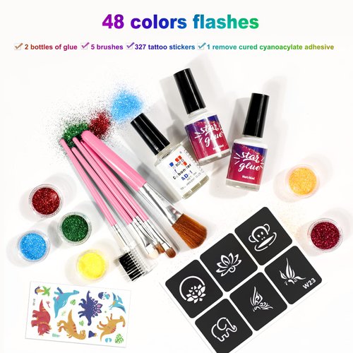 Glitter Tattoo for Kids, Glitter Tattoos 48 Colors, 318pcs Glitter Tattoo Stencils, 10 Sheets Tattoo Stickers Supply Sparkly Temporary Tattoos2 Glues,5 Brushes Adults & Kids Arts Glitter Make Up Kit
