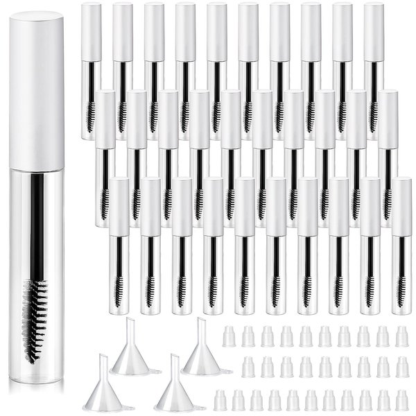 30 Pieces 10 ml Empty Mascara Tubes Eyelash Wand Refillable Clear Bottles Cream Container with 4 Pieces Transparent Funnels Transferring Castor Oil for DIY Cosmetics (Matte White)