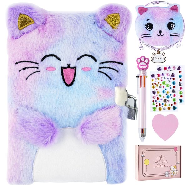 PJDRLLC Cat Diary with Lock, Gift for 6 7 8 Year Old Girl, Secret Diary Journal Notebook with Coin Purse, Bracelet, Multicolored Pen, Post-it Note, Stickers, Practical Gift for Birthday (A Happy Cat)