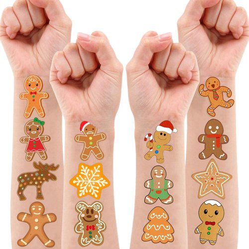 Cute Gingerbread Temporary Tattoos 10 Sheets 100 PCS Gingerbread Man Party Decorations Favors Supplies Cookie Theme Birthday Stickers Gifts for Boys Girls Kids Class School Prizes Carnival Christmas
