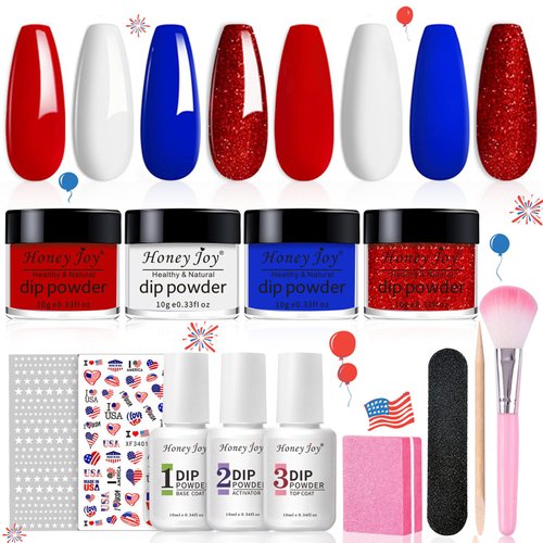 Honey Joy Dip Powder Nail Kit Starter,4 Colors Red White and Blue Nails Fourth of July Firework Dipping Powder Liquid Set with Base Top Coat for Nail Art Manicure Salon DIY, Dip-7pcs-12