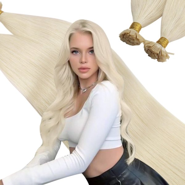 Ugeat Flat Tip Human Hair Extensions 16 Inch Hot Fusion Hair Extensions Human Hair Flat Tip Pre Bonded Hair Extensions Platinum Blonde Keratin Fusion Hair Extensions 50Grams 50s